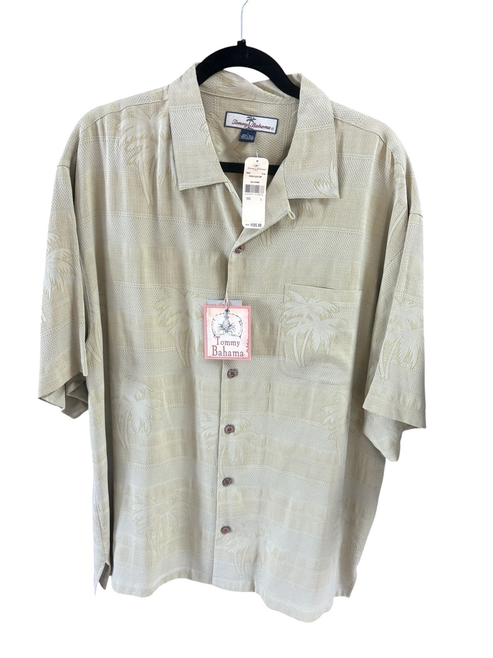 TOMMY BAHAMA 100% Silk Khaki Tan Palm Fronds Hawaiian Camp Shirt Size L- NWT
